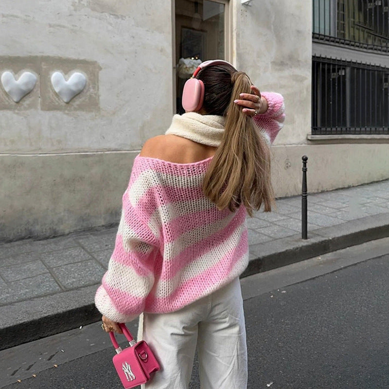 Loose Striped Knit Sweater for Women | Oversized Pullover Long Sleeve Tops | Casual Cozy Knitwear