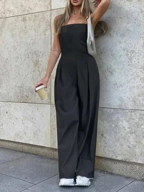 Women's Elegant Backless Jumpsuit — Loose Fit Summer Overalls with Pockets
