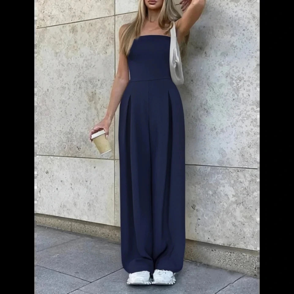 Women's Elegant Backless Jumpsuit — Loose Fit Summer Overalls with Pockets