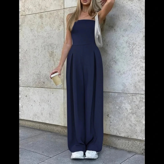 Women's Elegant Backless Jumpsuit — Loose Fit Summer Overalls with Pockets